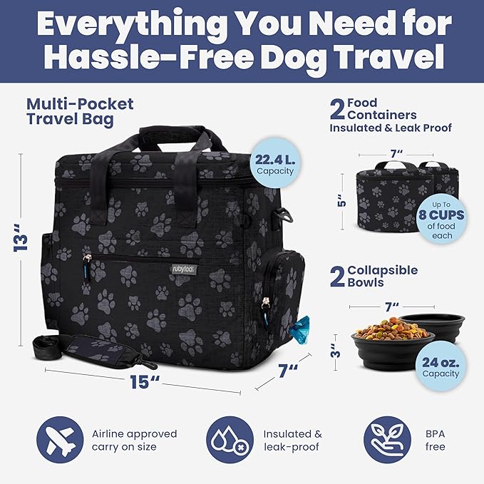 The Original Doggy Bag™ - Complete Dog Travel Bag for Supplies with 2 BPA-Free Travel Dog Bowls & 2 Pet Food Containers - Traveling Kit for Road Trips, Camping, Weekend Away or Doggy Gift: Paw Print