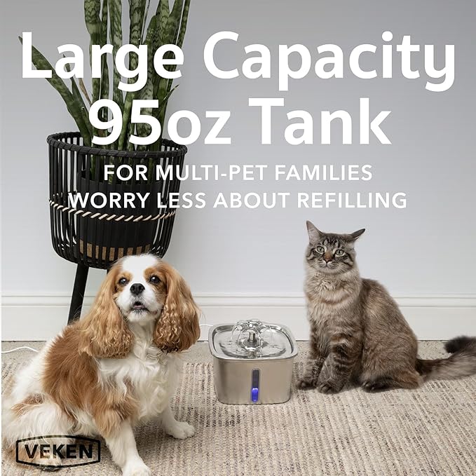 Veken Innovation Award Winner Stainless Steel Cat Water Fountain, 95oz/2.8L Automatic Pet Fountain Dog Water Dispenser with Replacement Filters & Silicone Mat, Gifts for Cats, Dogs (Silver)