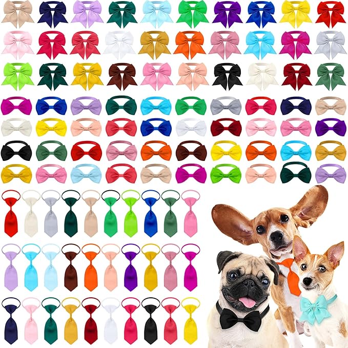Reginary 100 Pieces Dog Bow Tie Collar Set Include 40 Dog Neckties, and 30 Puppy Bowties, 30 Collar Flowers, Adjustable Pet Ties Grooming for Small Medium Cats Pets Supply(Solid Color)