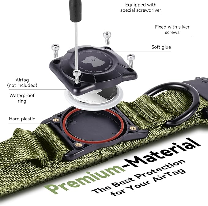 2025 Upgrade Waterproof AirTag Dog Collar, Military Tactical Dog Collar with AirTag Holder, Comfortable Control Handle and Metal Buckle, GPS Dog Collar Holder for Medium to Large Dogs (ArmyGreen, L)