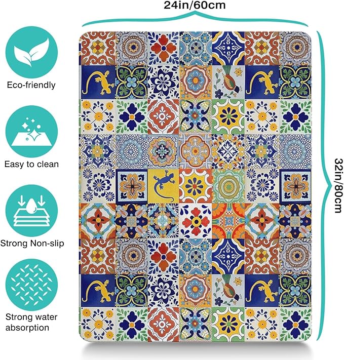 Moroccan Trellis Dog Food & Water Mat, Mexican Talavera Boho Colorful Pet Feeding Mat for Floor Non-Slip Waterproof, Super Absorbent Cat Bowl Mat, Easy to Clean Durable Pet Placemat,24" × 32"