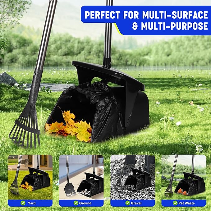 39.8'' Long Handle Dog Pooper Scooper with 20 Bag Attachment Heavy Duty Swivel Bin, Rake & Spade Easy to Clean Poop Scooper for Large Medium Dogs Pet Waste Removal Solution for Yard, Grass, Gravel