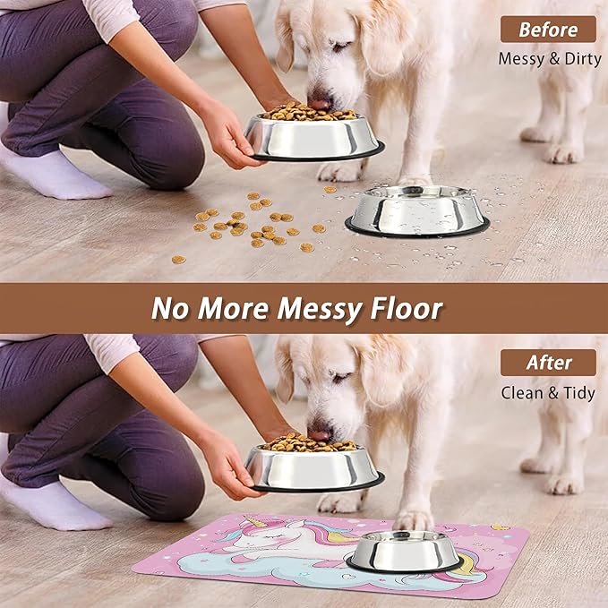 Cute Unicorn Dog Food Mat for Floors,Cloudy Pink Stars Absorbent Pet Food and Water Bowl Mats,Non-Slip Pet Feeding Mat,Pet Supplies 12" x 20"