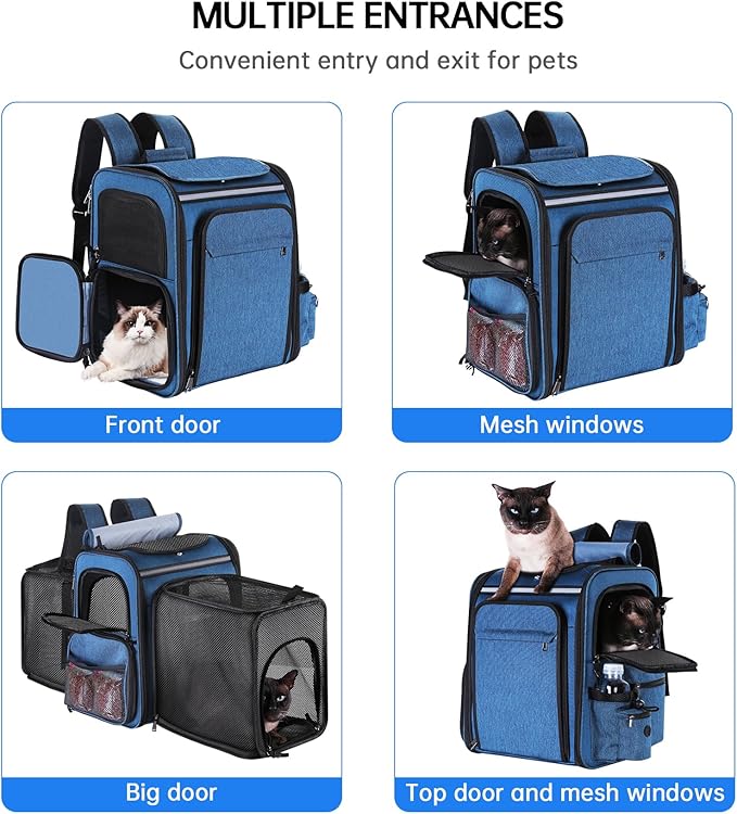 Cat Carrier Backpack for Travel,Dog Carrier Backpack for Large cat, Small Dogs,Puppies Up to 20 Lbs,Expandable Cat Backpack for Outdoor Hiking,Pet Carrier Backpack,Cat Backpack Carrier (Blue)