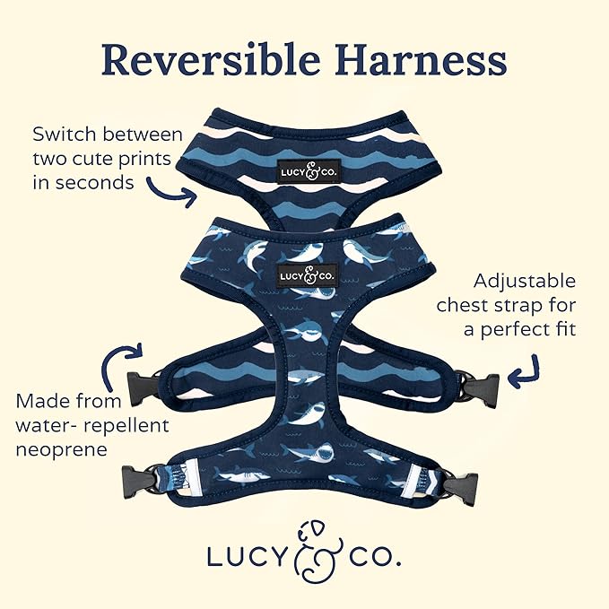 Lucy & Co. Reversible Dog Harness Walking Halter - Harnesses for Small Medium Large XL Dogs - Padded Adjustable - for German Shepherd, Pug, French Bulldog, English Bulldog (X-Small, Shark Attack)