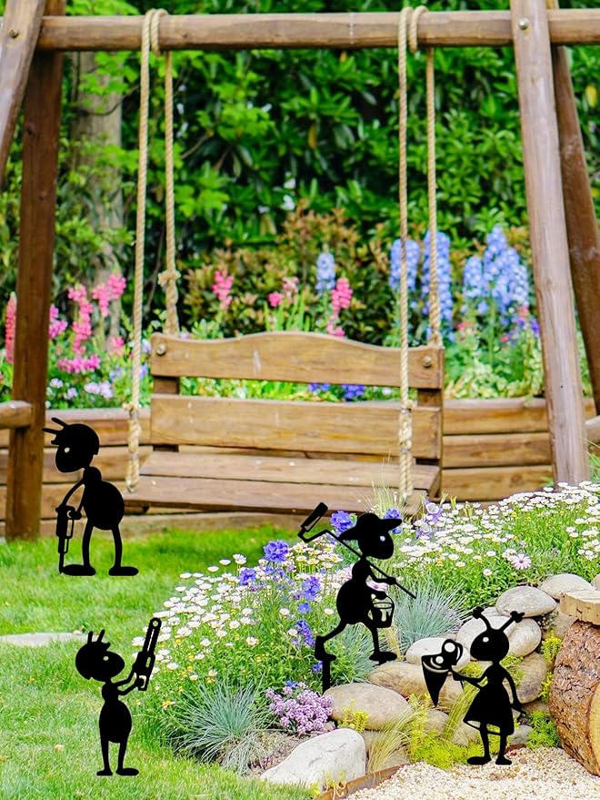 4 Piece Metal Ant Garden Decorative Stakes - Black Working Farm Yard Art Decor. Outdoor Art for Pathway & Lawn Patio Backyard Decoration Set