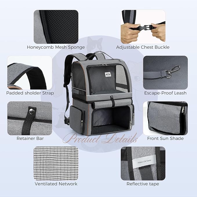 Lekebobor Double Cat Backpack Carrier for 2 Cats, Double-Compartment Pet Carrier Backpack for Two Small Cat or One Medium Cat, Cats Carrier Backpack Dog Carrier Backpack Fits Up to 24 Lbs,Grey