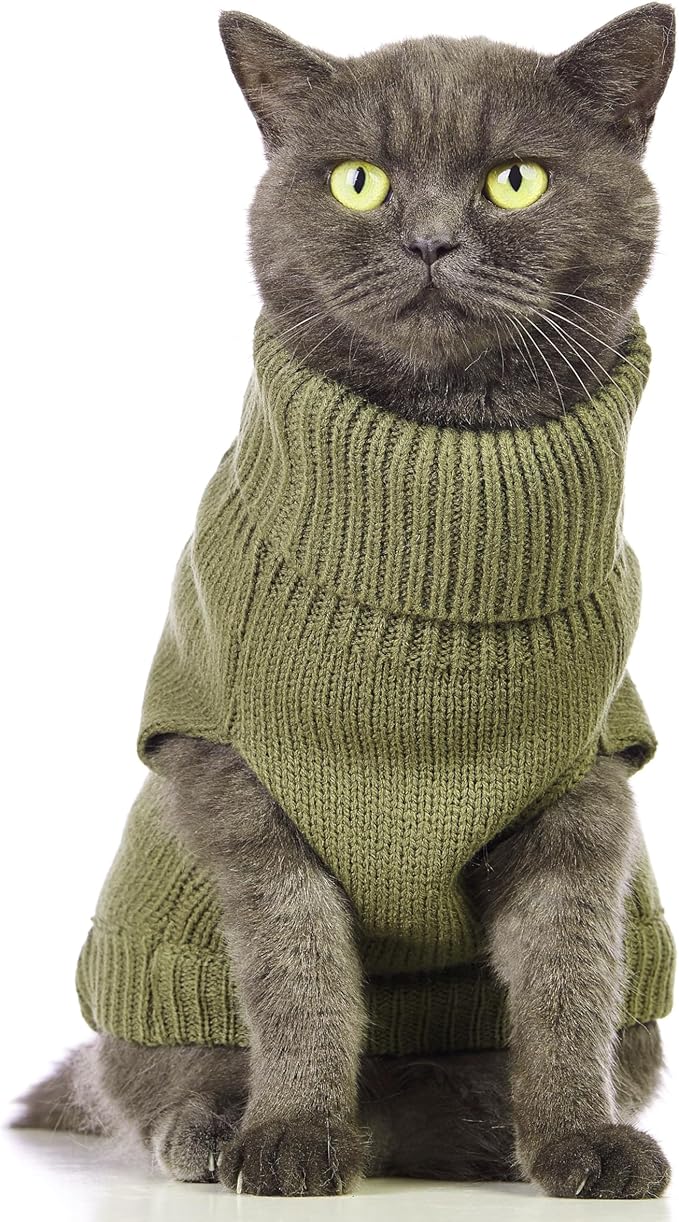 Stretchy Cat Sweater - 17 Colors & 6 Sizes | Snug Winter-Ready Knit for Boy/Girl Cats & Kittens(Olive Green, Medium)