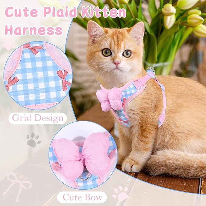 Cat Vest Harness and Leash Set for Walking Escape Proof, Adjustable Kitten Harness and Leash Set Breathable Mesh with Bow Harness for Kitty Puppy Bunny（Pink Medium）