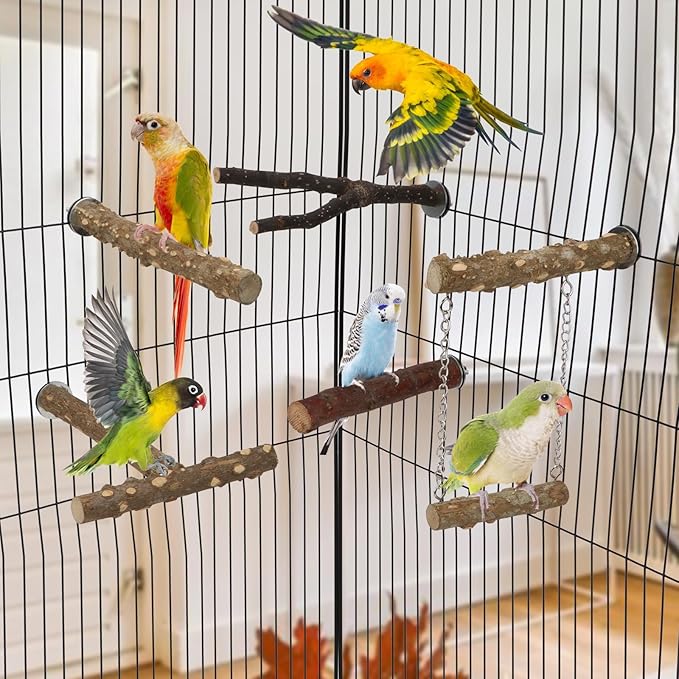 Hypeety Natural Wood Bird Perch for Parakeets 5PCS Perches for Cage Parrot Hanging Swing Bird Fork Perches Easy Install Chew Toys for Small Birds Cockatiels Conures Budgies Lovebirds Parakeets
