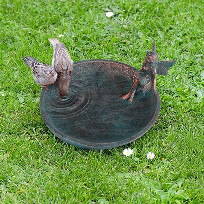 JUNIQUTE Vintage Angels Statue Bird Feeder, Fairy Garden Bird Bath for Outside, Resin Bath Bowl Outdoors (Bronze)