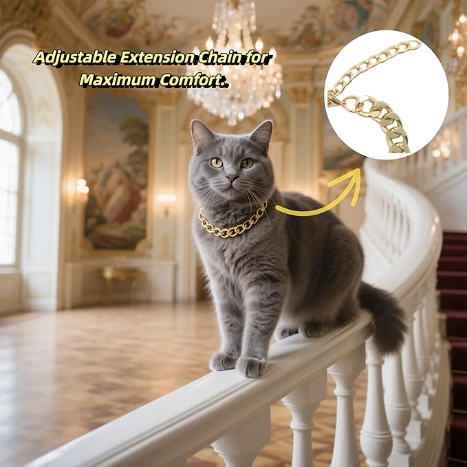 Gold Cat Chain Collar,Adjustable Cuban Link Necklace for Cats, Lightweight & Durable Metal Pet Jewelry, Stylish Decorative Accessory (Gold, S)