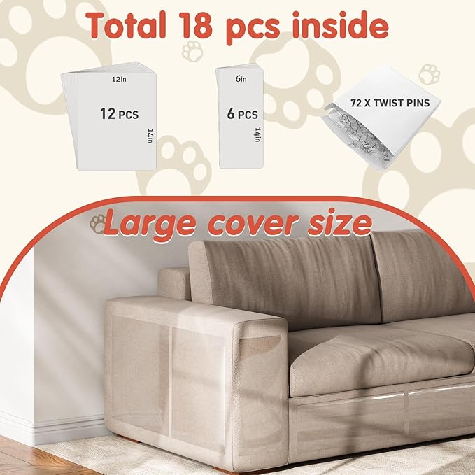 18 PCS Large Cat Scratch Furniture Protector, Transparent Couch Protector from Cat Claws, Single-Sided Self Adhesive Anti Pet Deterrent Sofa Cover, 14IN