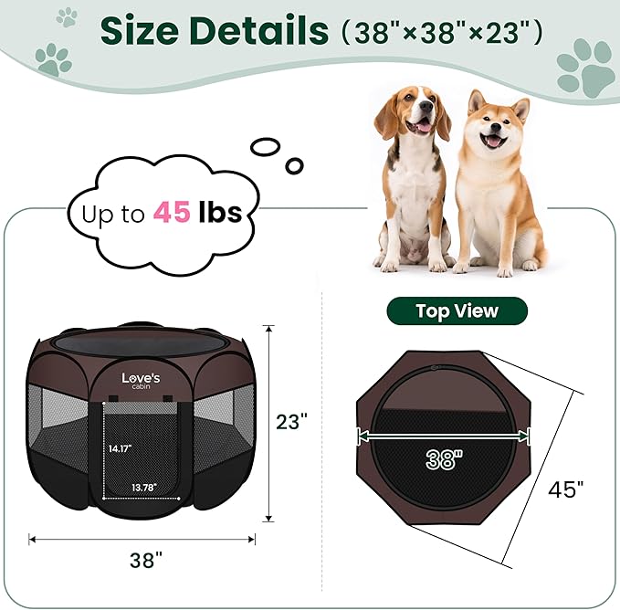 Love's cabin Pet Puppy Dog Playpen, Large Dog Tent Crates Cage Indoor/Outdoor, Portable Playpen for Cat, Foldable Pop Up Dog Kennel Playpen with Carring Case, Removable Zipper Top, Brown