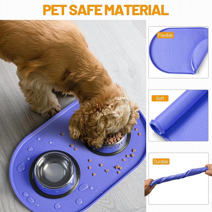 Hubulk 100% Waterproof Silicone Pet Feeding Mat with Raised Edge for Food and Water, Dog Bowl Mats, Cat Bowls Placemat with High Lip Protects Floor for Cats and Dogs (Purple, 16" L x 10" W)