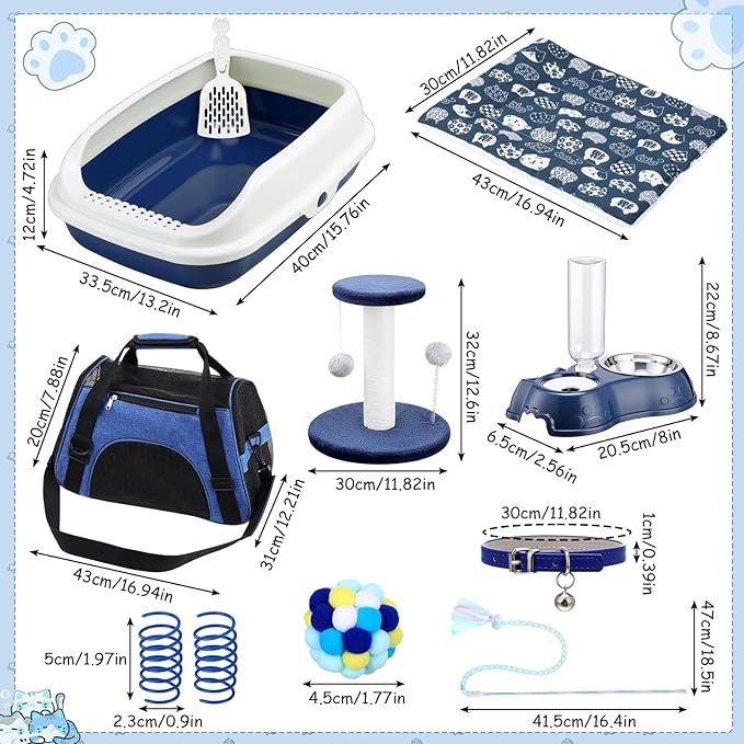 Eccliy Kitten Starter Kit, 10 Pcs Cat Starter Kit for Indoor Cats Kitten Essentials Includes Litter Box, Pet Toy, Folding Carrier, Climbing Frame, Mat, Collar, Automatic Food Bowl (Classic,Dark Blue)