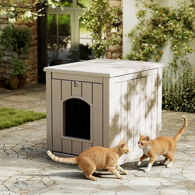 Cat Litter Box Enclosure, Multi-Functional Hidden Litter Box Furniture & Indoor Outdoor Cat House with Side Table Design, Openable Front Door & Raised Floor, Easy to Clean & Assemble, Grey