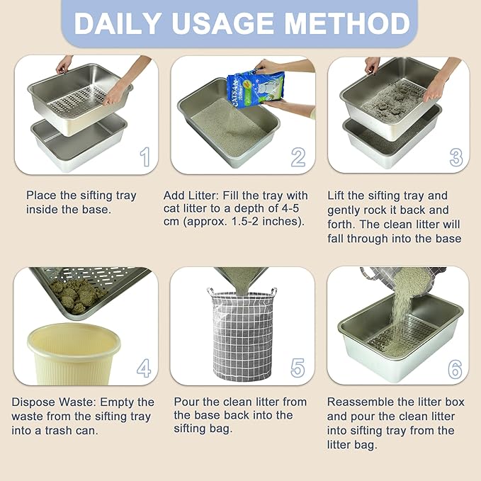 Teheao Stainless Steel Sifting Cat Litter Box for Clumping Litter, XL Extra Large Metal Sifter Tray Pan with Cat Litter Bag, Low Dust, Odor Control, Easy Cleaning (19.7"*13.8"*5.9")