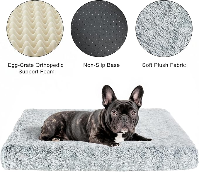 Fluffy Orthopedic Dog Beds for Puppy/Cats with Washable Removable Cover Dog Crate Bed Egg Crate Foam Support Plush Pet Pad Mat with Anti-Slip Bottom(Grey,24 * 16)
