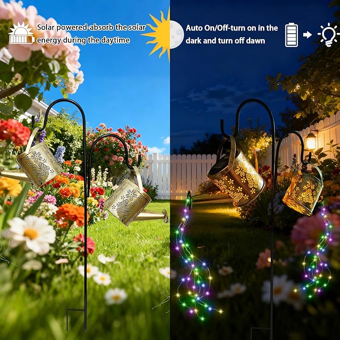 DDQ Solar Watering Can Lights, Warm White/Color LED with Shepherd Hook, IP65 Waterproof Metal Garden Decor, Auto On/Off for Patio Backyard for Mom Birthday Christmas