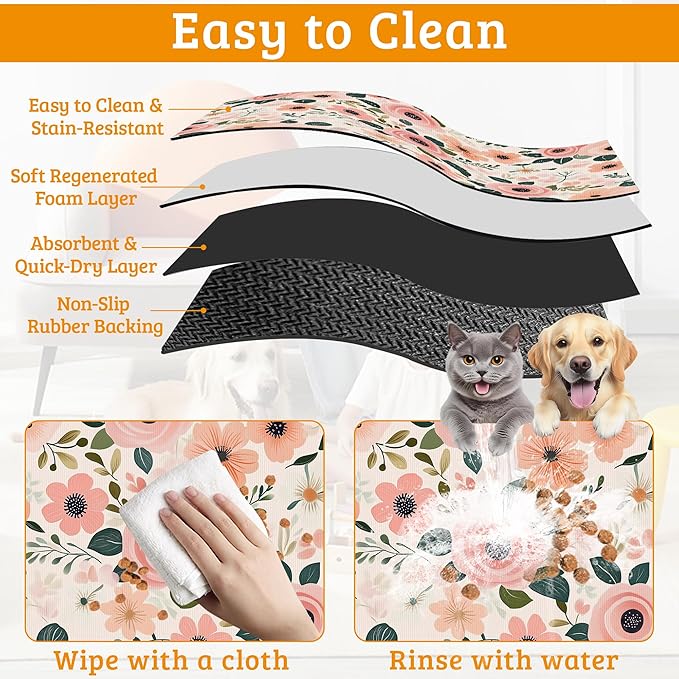Dog Bowl Mat,Blooming Flowers Pet Feeding Mat for Floors Waterproof,Peonies Roses Absorbent Dogs Placemat for Food and Water Quick Dry Pet Cat Feeding Mats with Non Slip Bottom 12" x 20"