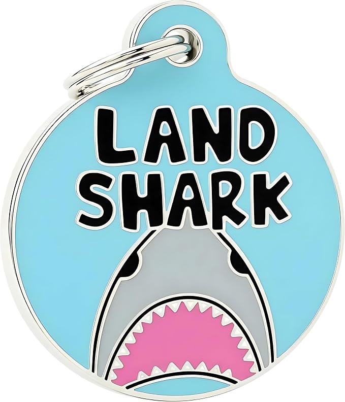 Bad Tags Personalized Dog and Cat ID Tags in 25+ Designs and 2 Sizes - 5 Lines of Custom Engraved Text - Funny Cute Personalized Pet Tags (Land Shark, Large (1.25 inch))