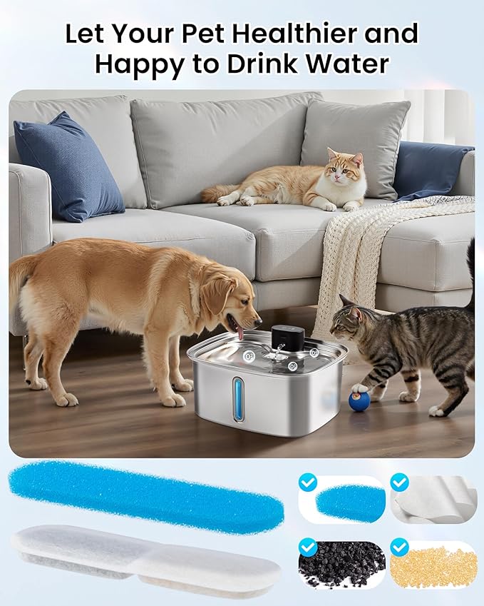 10L Dog Water Bowl Dispenser Fountains Accessories, Pet Cat Water Fountain Stainless Steel, Safe Multi-Filtered Automatic Dispenser for Dogs 2.4G Wi-Fi 2.64Gal/338 Oz (8 Filters & Sponges)