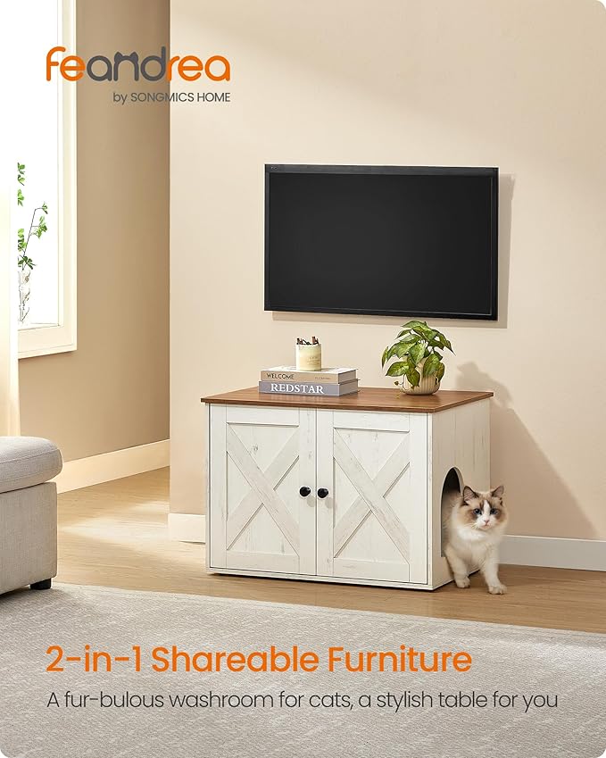 Feandrea Cat Litter Box Enclosure, Litter Box Furniture Hidden, Indoor Cat House, End Table, 27.6 x 19.7 x 19.7 Inches, Rustic White and Honey Brown UPCL022K02