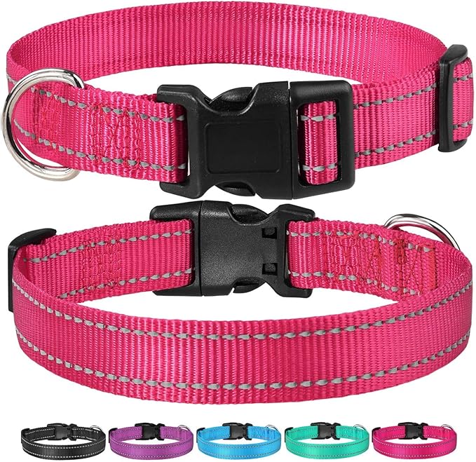 Reflective Dog Collar with Buckle Adjustable Safety Nylon Collars for Small Medium Large Dogs, Pink XL