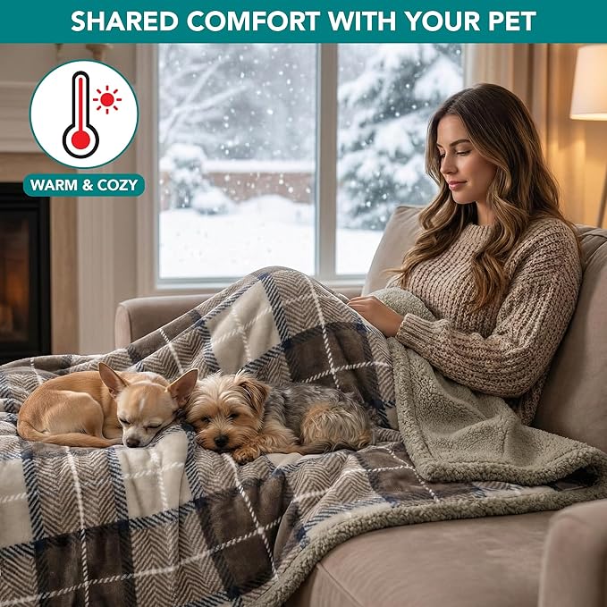 PetAmi Waterproof Dog Blanket for Small Medium Dog Puppy Cat Throw for Couch Cover Leakproof Protection, Sherpa Fleece, Reversible Soft Washable 29x40 Plaid Taupe