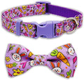 Easter Dog Collar with Bow Tie Set, Adjustable Purple Bunny and Carrot Pattern Pet Collar, Cute Spring Flower Holiday Neckwear for Small, Medium, and Large Dogs