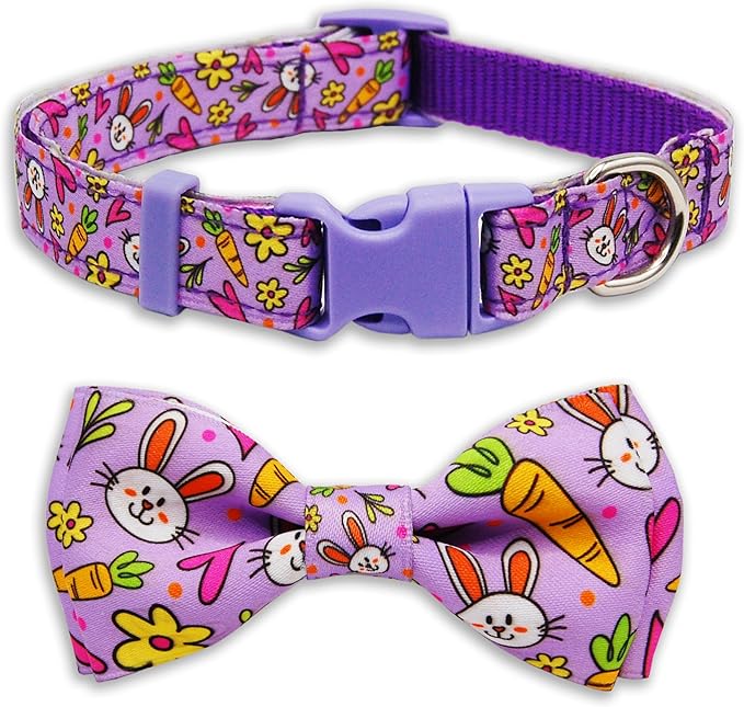 Easter Dog Collar with Bow Tie Set, Adjustable Purple Bunny and Carrot Pattern Pet Collar, Cute Spring Flower Holiday Neckwear for Small, Medium, and Large Dogs