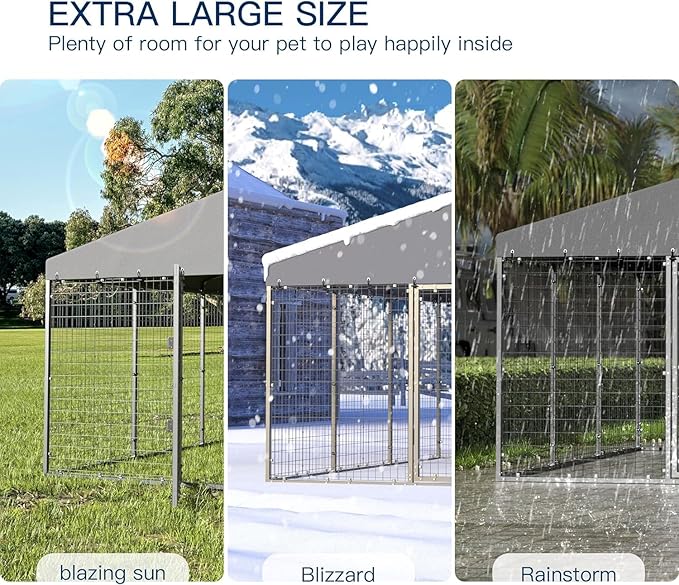 Kullavik 10x10x6 FT Large Outdoor Dog Kennel,Anti-Rust Galvanized Steel Dog Pen with Double Locks,Heavy Duty Dog Enclosure Fence with UV & Water Resistant Roof Cover for Outside