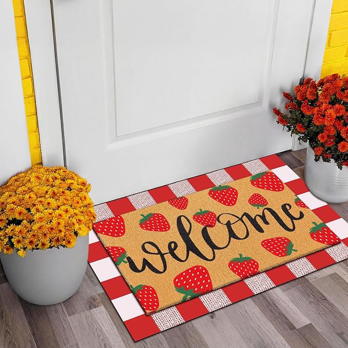 Tinideya 2 Pcs Strawberry Door Mat Fruit Pattern Design Welcome Non Slip Coir Mats Red and White Plaid Floor Layering Doormats Seasonal for Front Porch Entryway Decor(Strawberry)