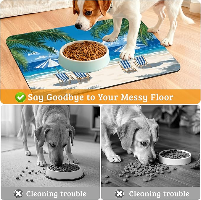 Pet Feeding Mat,Sea Beach Absorbent Dog Cat Food Mat Palm Tree Dog Mat with Rubber Backing,Non-Slip Water Bowl Placemat,Pet Supplies 16" x 24"