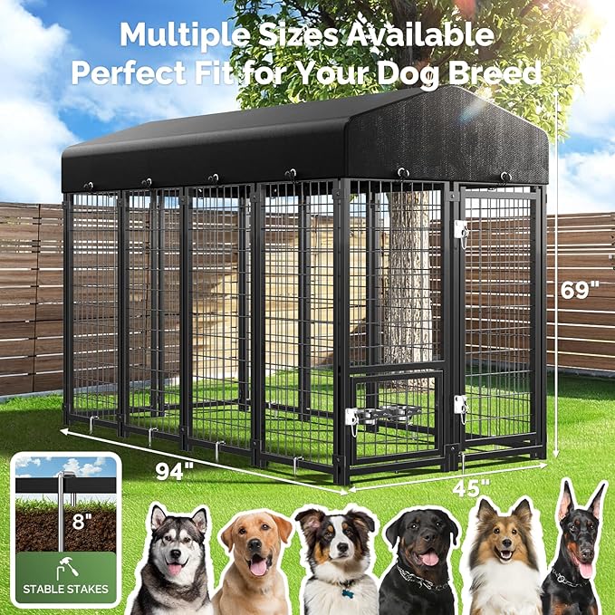Sino Luban Outdoor Dog Kennel Outside Run with Doggy Door, Swivel Feeder&Roof - 8x4x6FT Large Dog Kennels Pens Outside for Large Dogs Breed- Heavy Duty Cage Yard (Can Connect to Your Dog House)