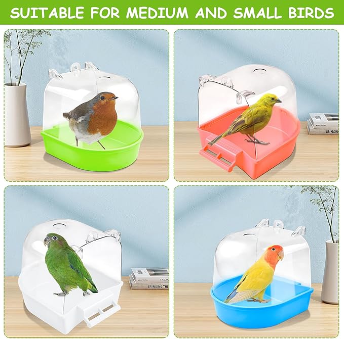 Supkiir 4Pcs Clear Bird Bath for Cage, Parakeet Bath Cage Accessories with Water Injectors, Hanging Bird Bath Box Parrot Bird Bathing Tub for Small Birds Cockatiel Conure Canary Budgies