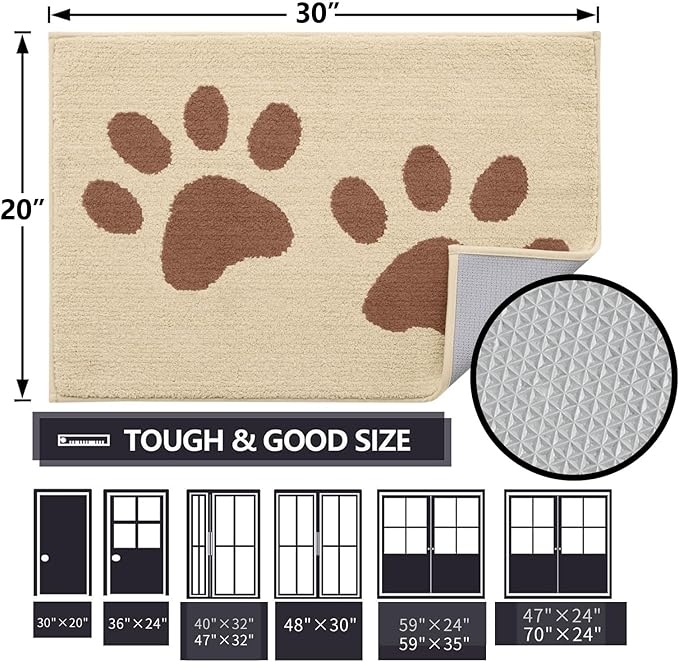 Buganda Dog Door Mat for Muddy Paws, Absorbent Dirt Trapper Washable Indoor Doormats, Non Slip Low-Profile Mud Mat for Dogs, Front Entrance Doormat for Inside Floor (30x20 Inches, Light Beige)