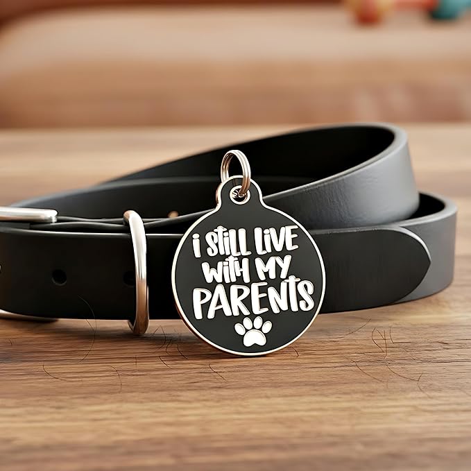 Bad Tags Personalized Dog and Cat ID Tags in 25+ Designs and 2 Sizes - 5 Lines of Custom Engraved Text - Funny Cute Personalized Pet Tags (I Still Live with My Parents, Small (1 inch))