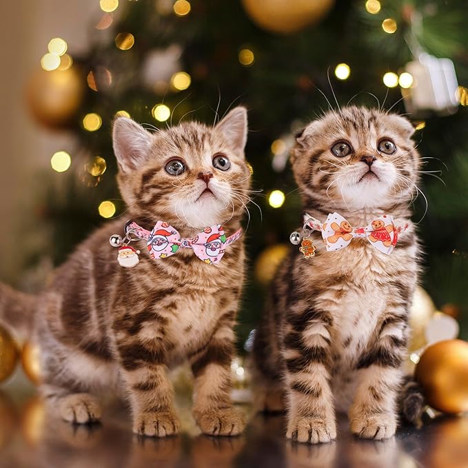 ADOGGYGO Pink Christmas Cat Collar with Removable Bowtie Bell, 2 Pack Pink Santa Gingerbread Man Christmas Collars for Female Cat Kitten