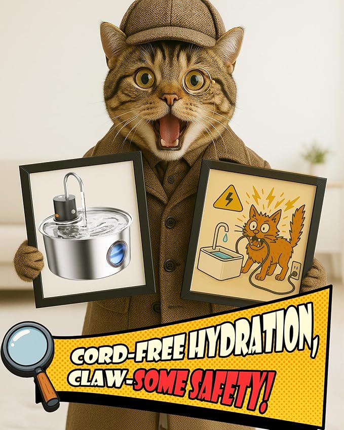 Wireless Cat Water Fountain Stainless Steel, Cordless Automatic Pet Water Dispenser for Cats Indoor, Small Dogs, 108oz/3.2L Rechargeable Pet Drinking Fountain with Motion Sensor