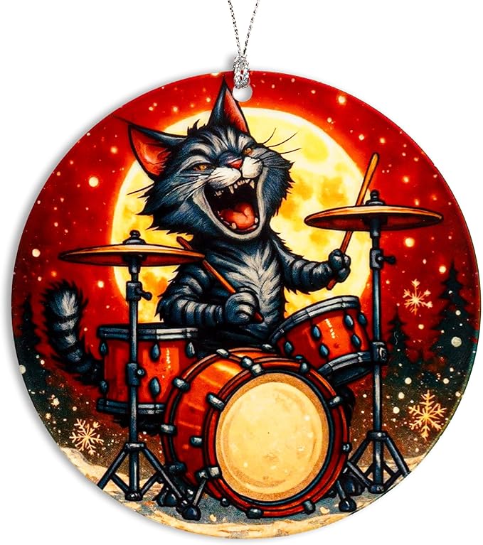 Cat Ornaments for Christmas Tree, Christmas Ornaments 2025, Funny Cat Ornament Playing Drums, Music Lover Gift for Women and Cats Lovers, Unique Funny Christmas Ornaments for Adults Decor