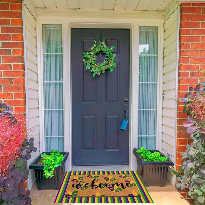 Tinideya 2 Pcs Mardi Gras Door Mat Carnival Welcome Non Slip Coir Mats Purple Yellow Green Stripe Floor Layering Doormats Seasonal for Front Porch Entryway Decor(Mardi Gras)