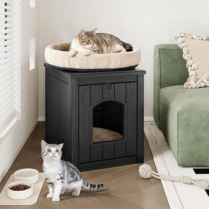 Cat Litter Box Enclosure, Hidden Litter Box with Openable Front Door, Outdoor Cat House Weatherproof, Side Table, Easy to Clean and Assembly, Dark Black