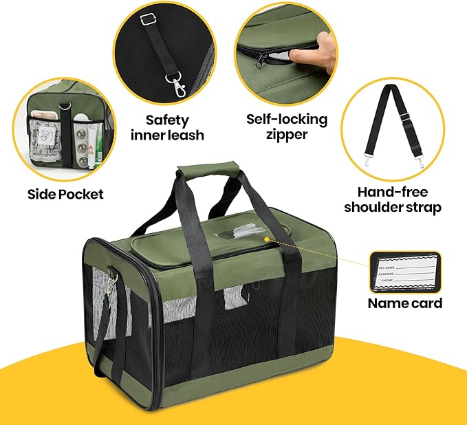 Dog Carrier Soft Sided, Large Cat Carrier with Inner Safety Leash, Pet Transport Carrier for Large Cats and Medium Dogs up to 20 Lbs, Collapsible Travel Puppy Carrier Bag -Green L