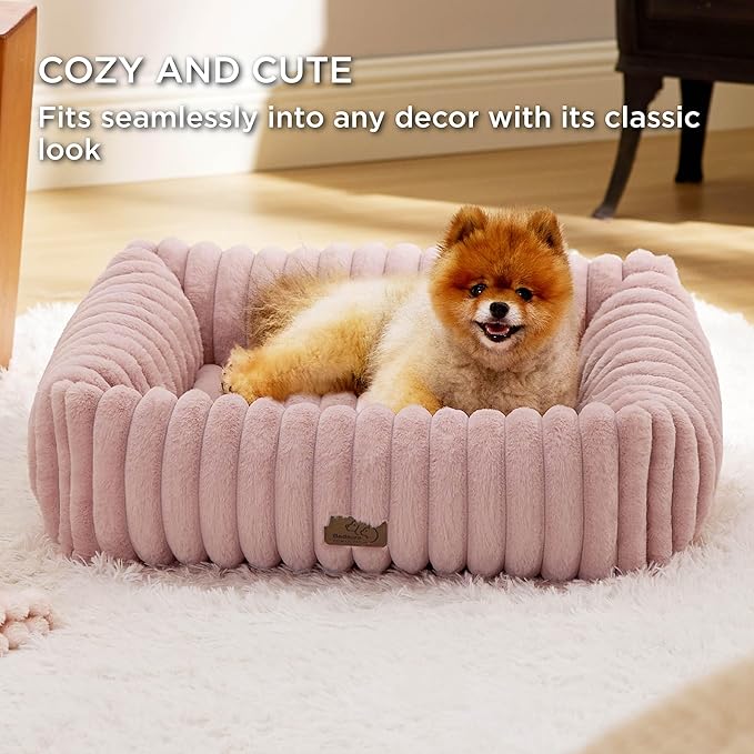 Bedsure ComfyFleece™ Washable Dog Bed for Medium Dogs - Cute Furry Puppy Beds, Rectangle Orthopedic Corduroy Fleece Pet Beds with Removable Zipper Cover, 30x24x8inches, Blush Pink