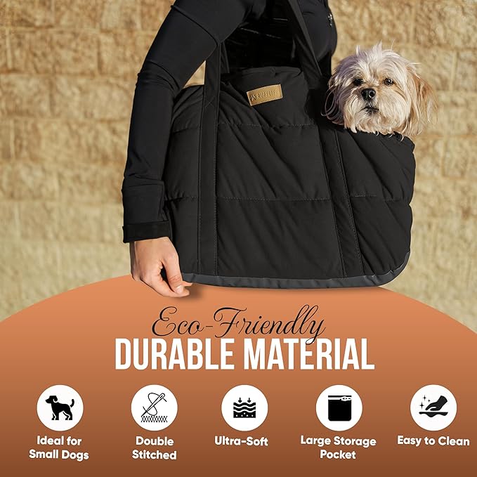 Plush Dog Purse Carrier for Small Dogs, Soft Dog Tote Bag with Safety Harness Clip, Cozy Pet Carrier for Dogs Under 15 lbs, Comfortable Dog Shoulder Carrier for Travel, Black