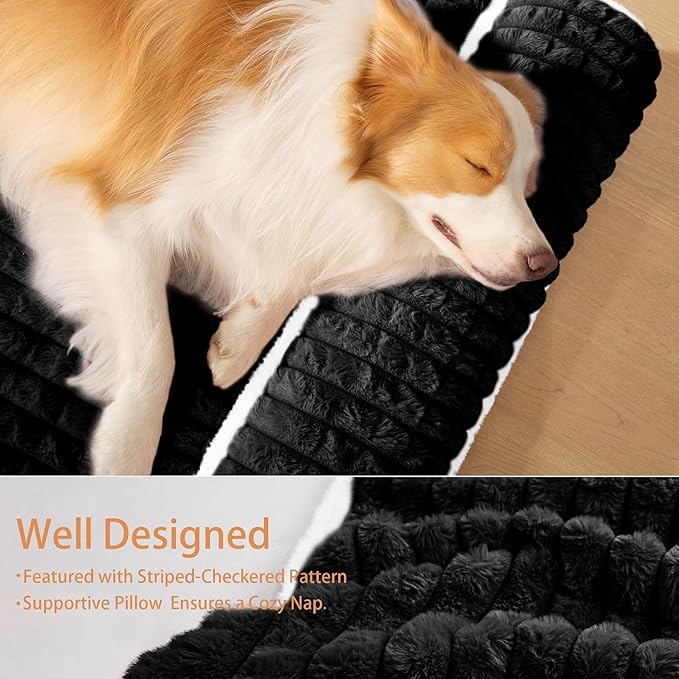 Orthopedic XL Dog Bed Large Sized Dog with Pillow 48''X30'', Waterproof Soft Comfortable Egg Crate Foam Pet Crate Beds Mat with Removable Washable Cover and Non-Slip Bottom, Black