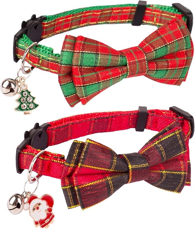 ADOGGYGO Christmas Cat Collars with Bow Bell, Breakaway Red Green Plaid Christmas Bowtie Collars for Girl Boy Cats Kittens