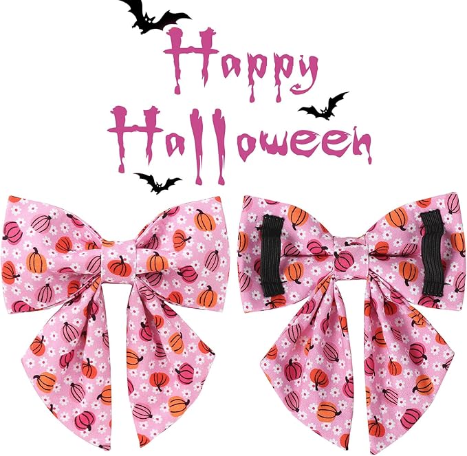Halloween Pumpkin Dog Collar with Bow Tie, Pink Halloween Puppy Bowtie Collar with Adjustable Metal Buckle,Fancy Dog Collar Bowtie for Girl Boy Dog,XL